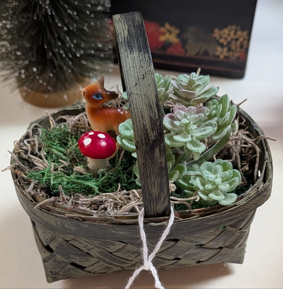 Darling Rustic Green Basket with Faux Succulents and Vintage Deer Figurine - Picture 3 of 3